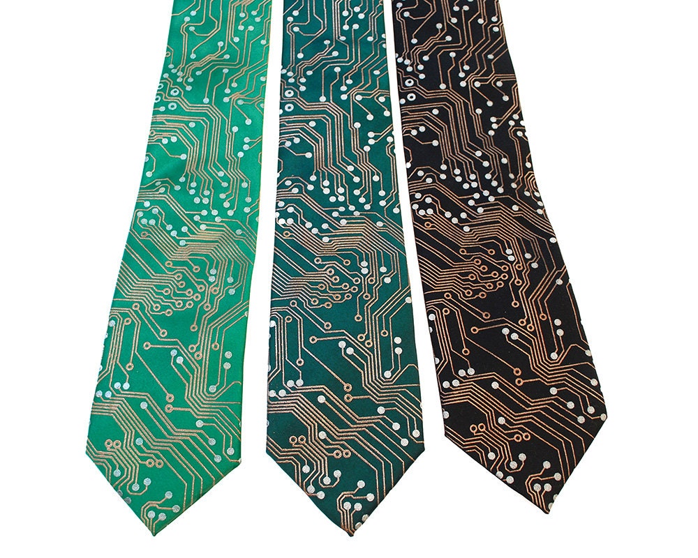 Circuit Board Nerd Necktie - Metallic Copper and Silver Ink on Green or Black Tie