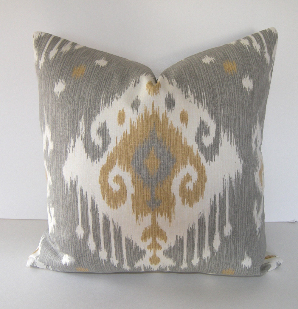 New - Both Sides - Ikat Decorative Throw Pillow Cover - 18x18  inches - Golden Tan - Grey - Ivory