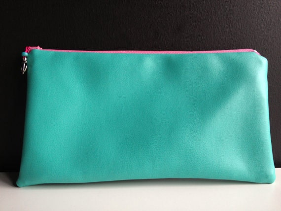 large turqouise faux leather cosmetic bag with anchor zipper and waxed cotton lining