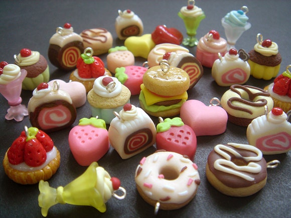 10 Assorted Cute Polymer Clay Charms, Miniature Pastry, Candy, Ice-Cream sundae, Burger, tart, craft, handmade, handicraft, Accessories