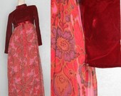 30% OFF. 1960's. velvet top. floral chiffon dress. prom dress. vintage evening gown. Sz s/m.