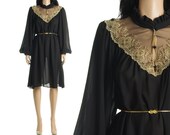 Vintage 70s Sheer Dress - Black Embroidered Boho Poet Puff Sleeve Tent Dress