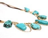 Boho dainty Chandelier turquoise slice,Antique gold&Leather necklace/Statement Piece/Gypsy/Hippie/Free people style/southwestern/Native/OOAK