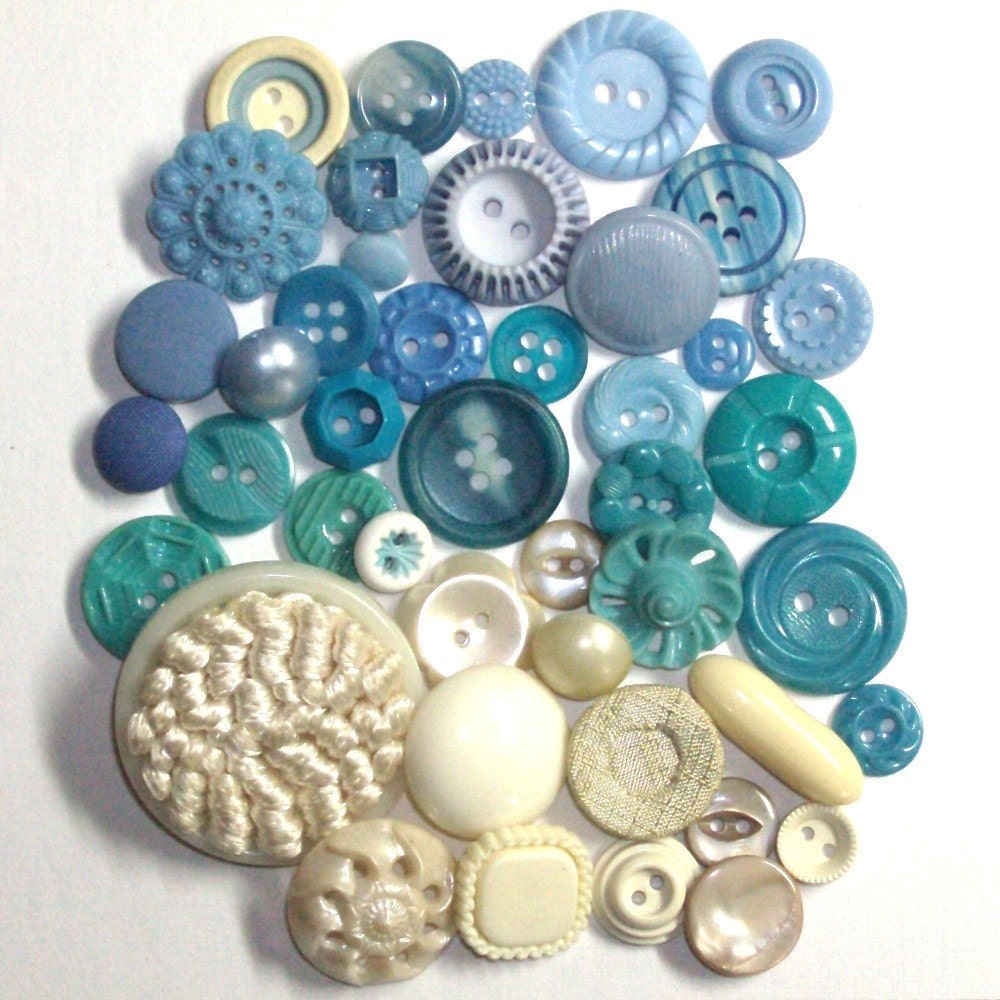 Just Beachy Vintage Button Lot x43, Tan, Taupe, Cream, Ivory, Teal, Aqua, Blue,  -- 0530