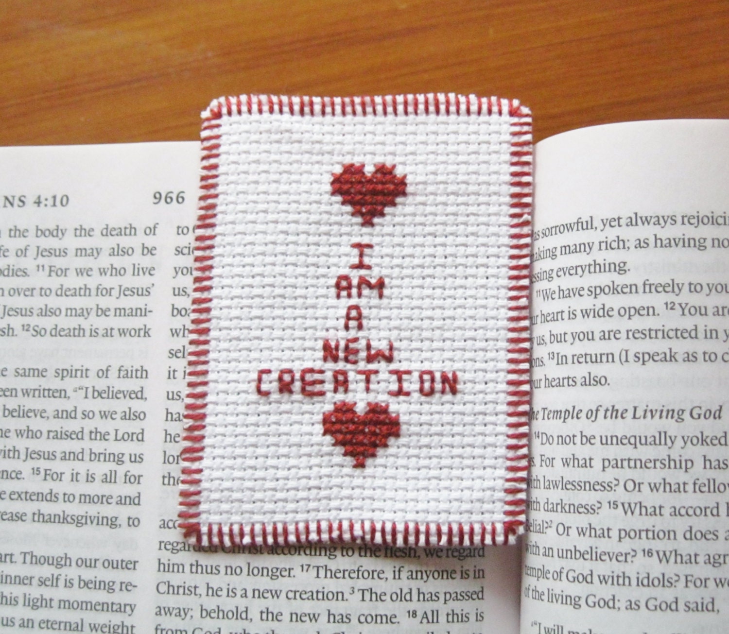 Religious Bible verse bookmark cross stitch needlepoint red hearts hope baptism grace Jesus 2 Corinthians 5:17 I am a New Creation