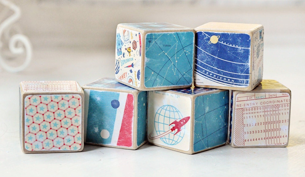RESERVED LISTING       Wooden decorative blocks retro space adventure boy