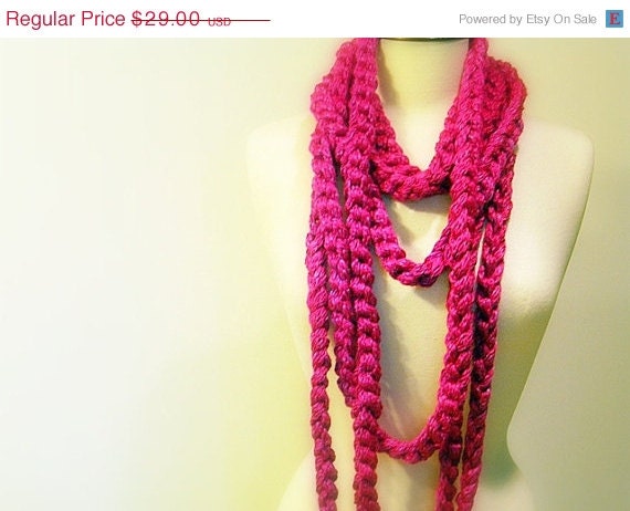 ON SALE Crochet Infinity Scarf, Magenta Hot Pink Chunky Crochet Chain Cowl, Extra long Retro Fashion Scarf