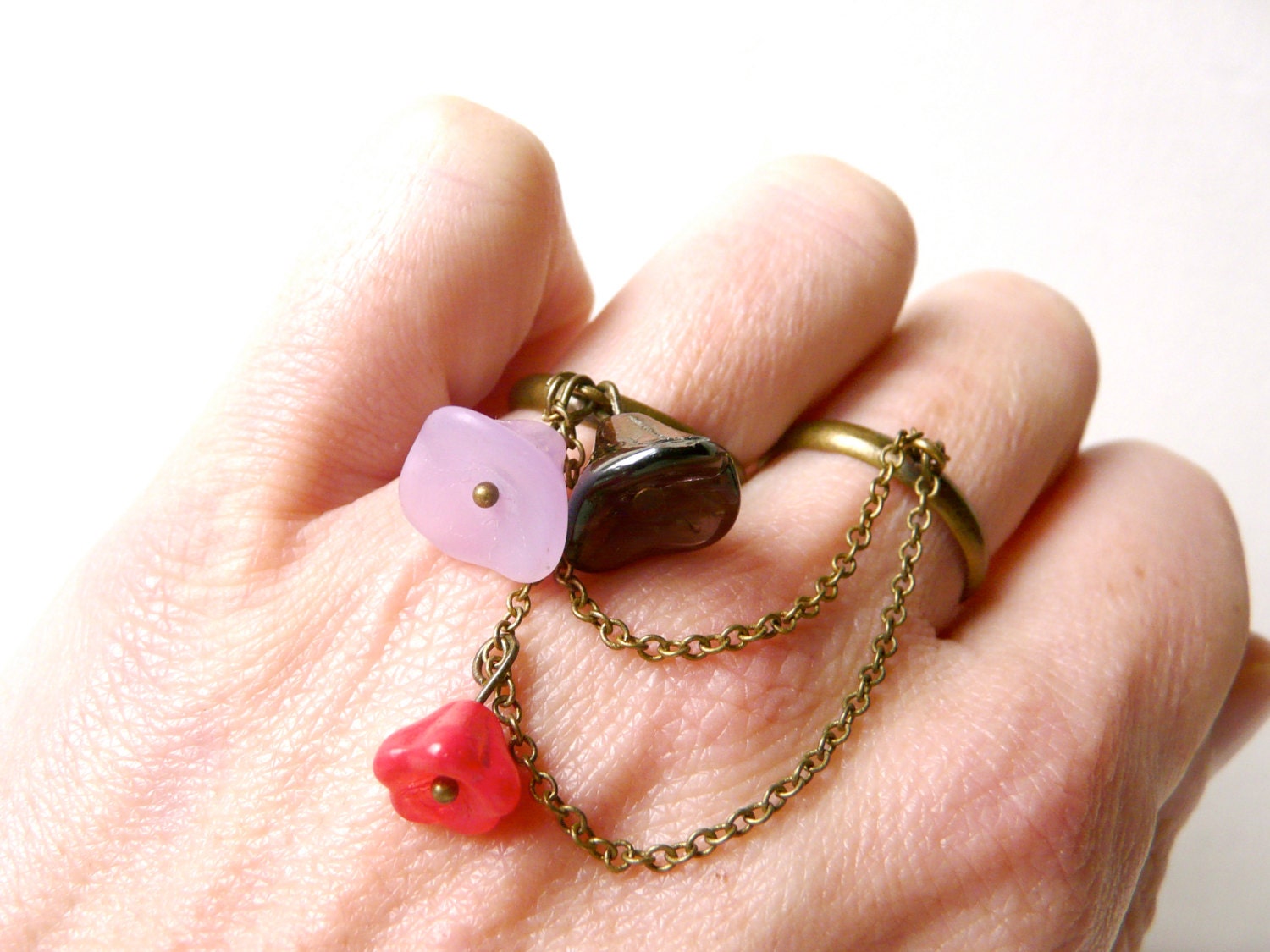 Rainbow flower ring ( multi strands, double ring, retro, multicolor, purple, lilas, pink,  pastel, white, jam ) 03