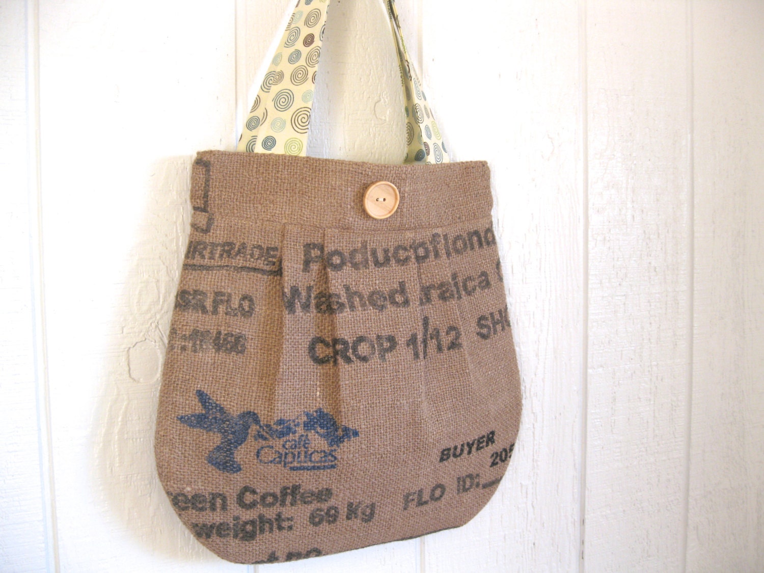 Eco. Upcycled Burlap. Market Bag. Earth Day. Spring. Fashion. Beach Bag. Aqua, Teal. Olive. Brown. Blue. Bird. Mothers Day. Gift Ideas.