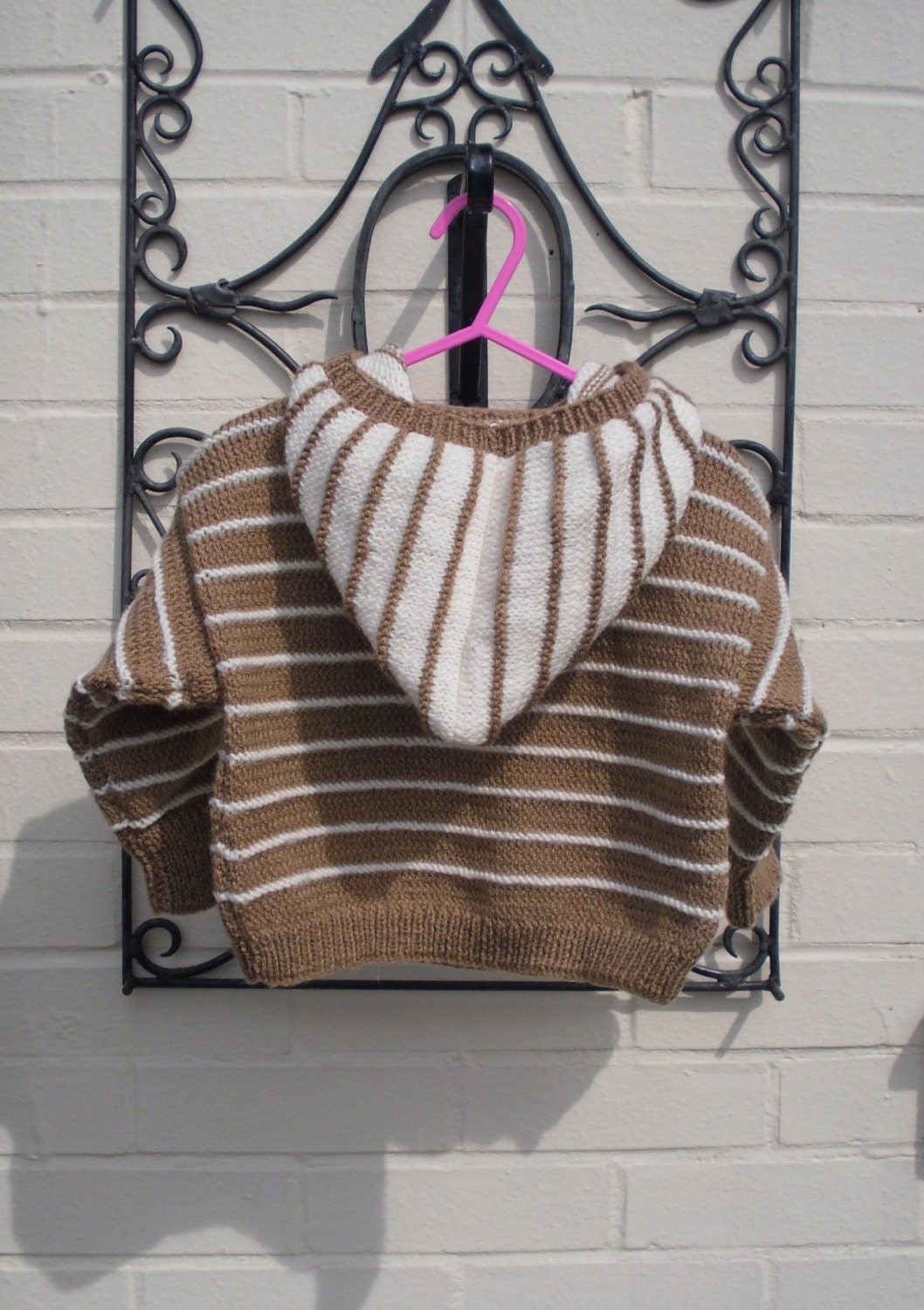 Childs hooded sweater, stripe, handknit, unisex, easycare, acrylic, OOAK