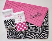 PERSONALIZED Baby Girl Zebra Stroller Blanket Plus 2 Personalized Burp Cloths