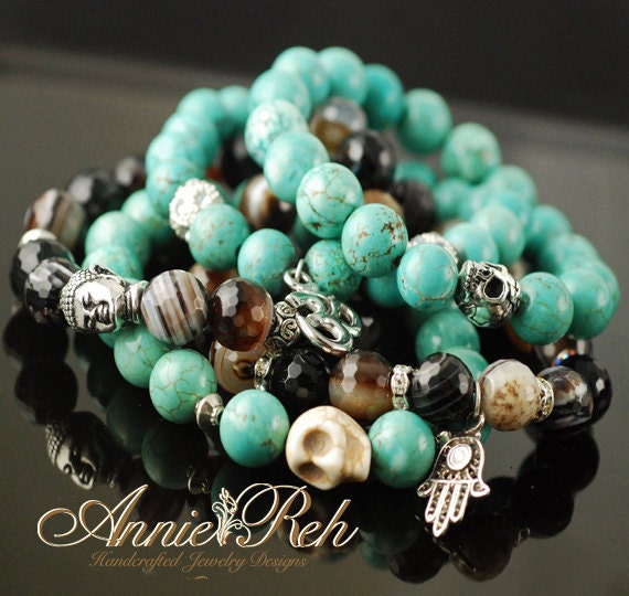 Turquoise & Fire Cracker Agate Soho Bracelets, Skull Bracelet, Buddah Bracelet, Ohm Bracelet, Hamsa Bracelet, Set of 5