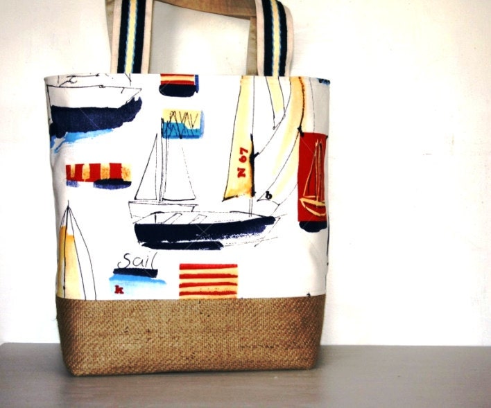 Sailing Chic Large Nautical White Blue Yellow Red Canvas Burlap Tote Bag