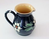 Vintage French Yellowware Pitcher - Dark Navy Blue - Rustic Floral Design