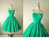 50s Taffeta Gown // Vintage 1950's Emerald Taffeta Cocktail Party New Look Dress Evening Gown XS