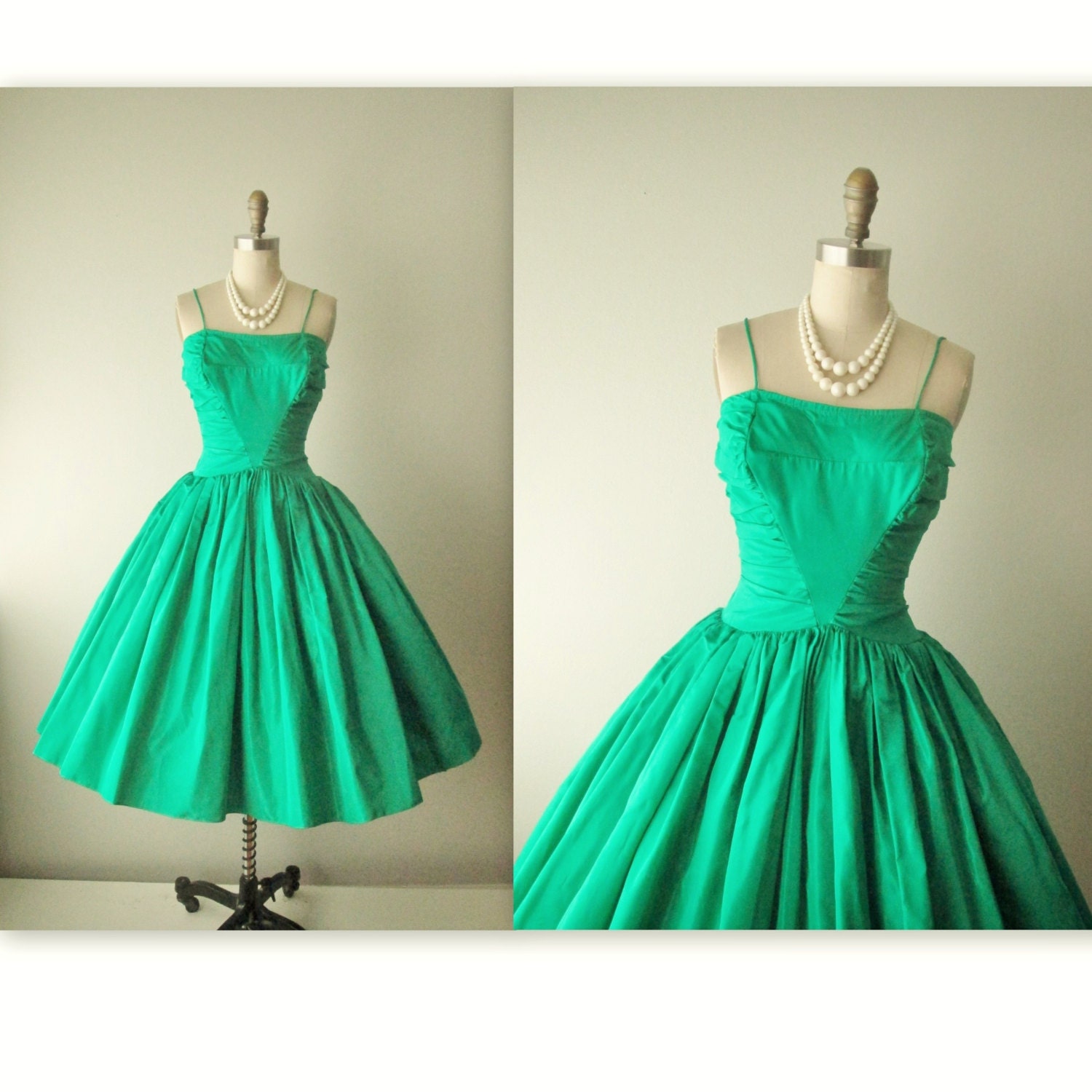 50s Taffeta Gown // Vintage 1950's Emerald Taffeta Cocktail Party New Look Dress Evening Gown XS