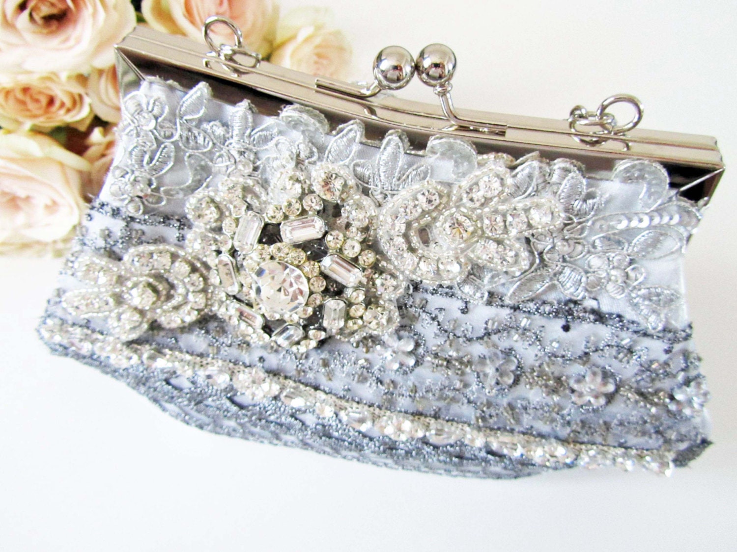 Rhinestone Bridal Clutch, Silver Satin Wedding Clutch with Crystal Rhinestone Trim