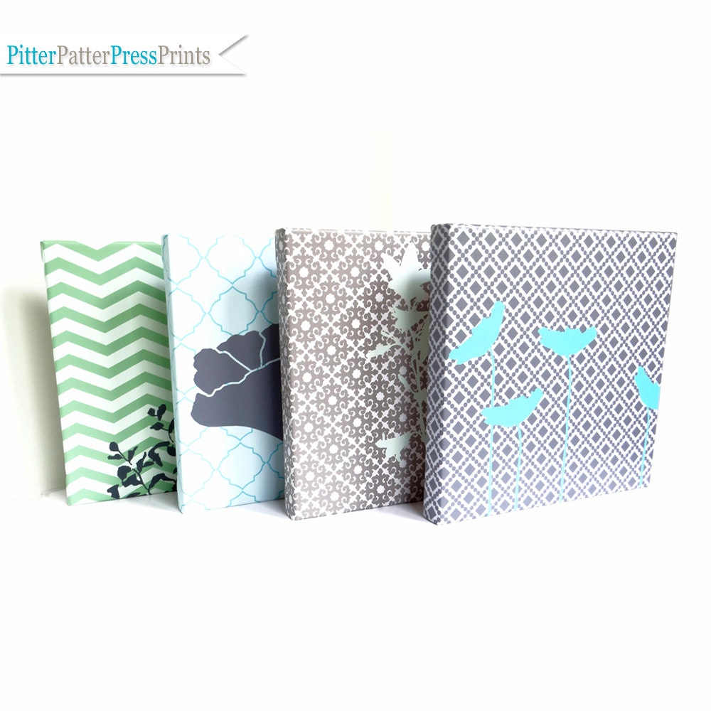 Flower Canvas Art // Modern Silhouettes Wall Art // Living Room // Girls Nursery // blue green grey // Set of four canvas, size 14X14