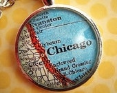 Vintage CHICAGO Illinois Glass Map Pendant Necklace