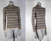 Vintage 1970s Sweater : 70s Taupe and Navy Textured Striped Turtleneck Sweater S
