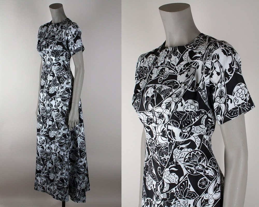 Vintage 70s Maxi Dress : 1970s Black and White Butterfly Print Empire Waist Silk Dress S M