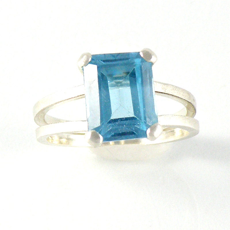 Blue Topaz Ring, Blue Topaz Engagement Ring, Blue Topaz Sterling Silver Ring, Emerald Cut Ring, Faceted Gemstone Ring - EfratJewelry