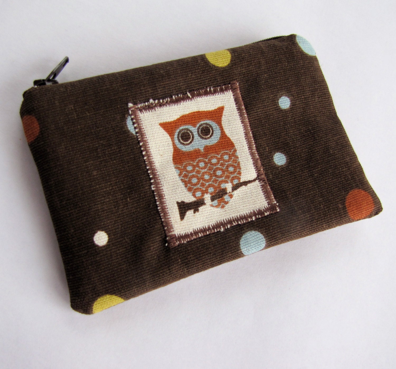 red owl on brown with polka dots--zippered change purse, coin pouch, wallet, gift card holder