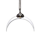 Spring Sale - 10 % OFF - Oriental Crescent Moon - Silver Gothic Jewelry - Fatale Pendant - Antiqued Black Filigrees and Brass Screws - Free