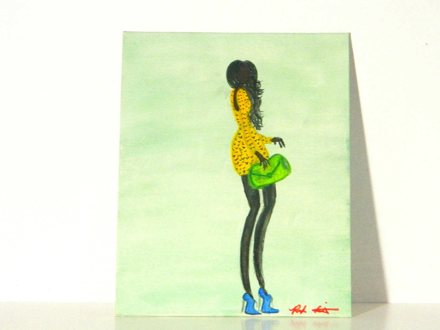 Fashion Art Illustration, Watercolor Art painting of Yellow Dress, Green Bag, Blue Heels Painting