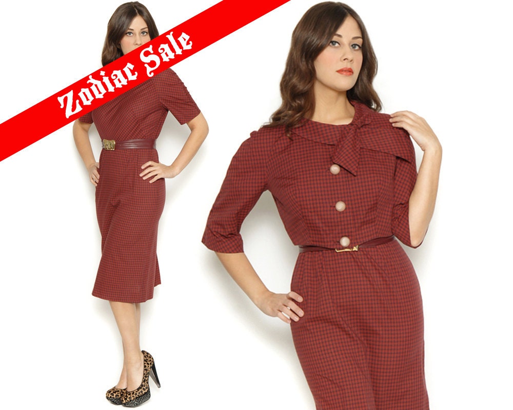60s Pencil Dress Burgundy Red Plaid Two Piece Suit Crop Jacket Ascot Bow Mad Men Plaid Dress Jackie O Chic Hourglass / Size L Large