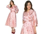 50s Swing Dress Pink Satin BUTTERFLIES Brocade Housewife Pastel Day Dress 1950s I Magnin Asian Hostess Dress / Size L Large