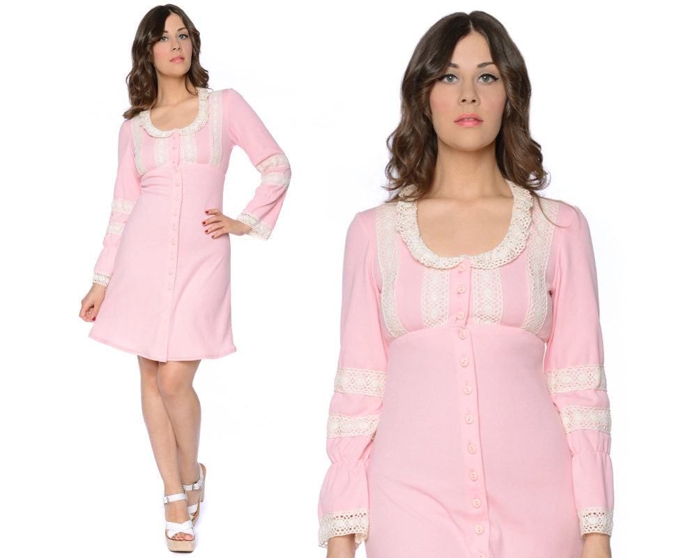 60s Mini Dress Pastel Pink Crochet Cream Lace 1960s Hippie Babydoll Empire Waist Long Sleeve / Size S Small