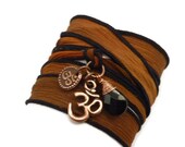 Silk Ribbon Bracelet with Copper Oms and Black Onyx,yoga jewelry, bohemian jewelry,  wrapping bracelet, wrap around,wrist wrap