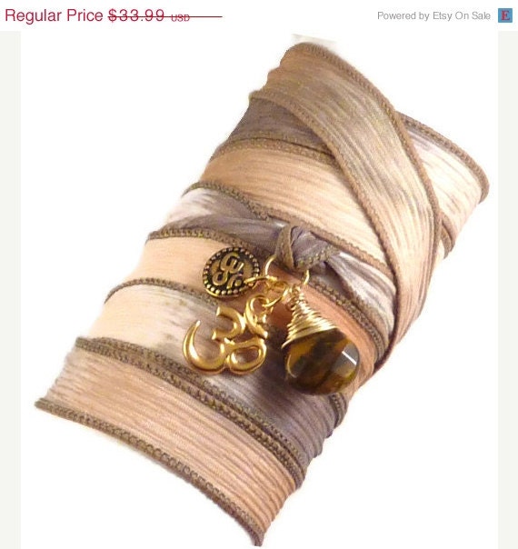 Om Silk Wrap Bracelet with Tiger's Eye, silk ribbon bracelet, wrap bracelet, ribbon wrap bracelet, yoga jewelry, yoga bracelet