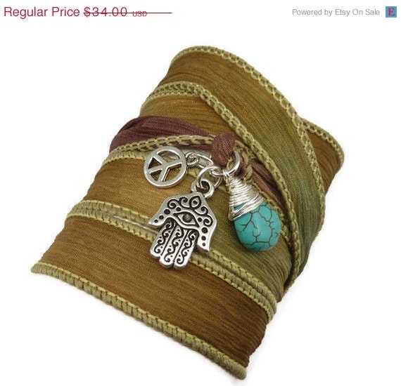 Silk Ribbon Bracelet with Hamsa, Peace Sign, and Turquoise, yoga jewelry, wrap bracelet, silk wrap around,wrist wr