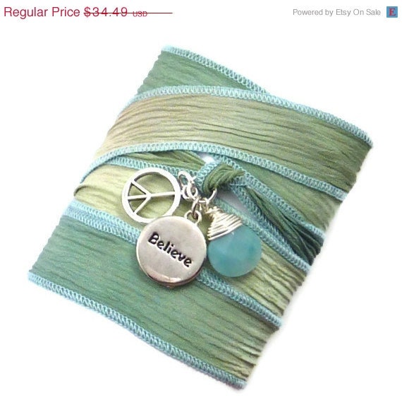 Silk Wrap Bracelet with Believe, Peace Sign, and Amazonite, bohemian jewelry, yoga jewelry, wrap bracelet, hand painted silk ribbon