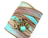 Om Silk Wrap Bracelet with Turquoise, Peace Sign,and Hamsa, yoga bracelet, silk ribbon wrap bracelet, yoga jewelry