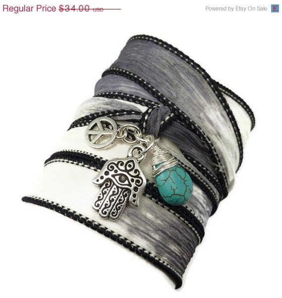 Silk Wrap Bracelet with Hamsa, Peace Sign, and Turquoise, yoga jewelry, wrap bracelet, silk ribbon bracelet,wrist wr