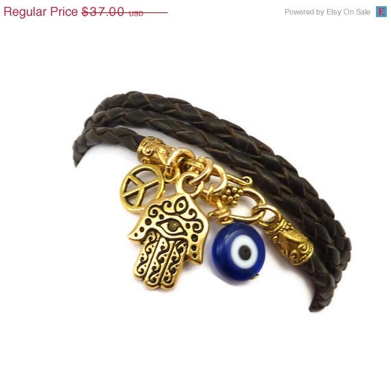 BIRTHDAY SALE Leather Wrap Bracelet with Gold Hamsa, Evil Eye, and Peace Sign, yoga jewelry, leather wrap, wrap around,wrist wrap