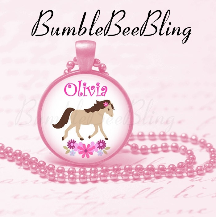 Children's Jewelry Pink Personalized Pretty Pony Bezel Pendant Necklace