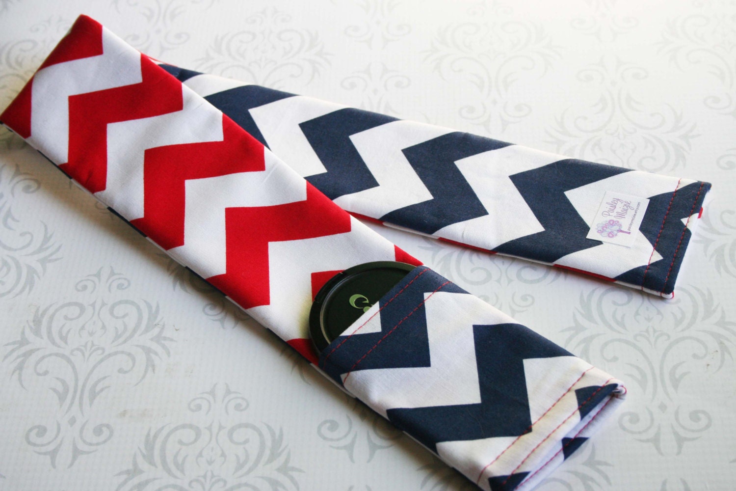 Reversible Camera Strap Cover with Lens Cap Pocket - Riley Blake Red White and Blue Chevron - Designer Fabric- MADE TO ORDER