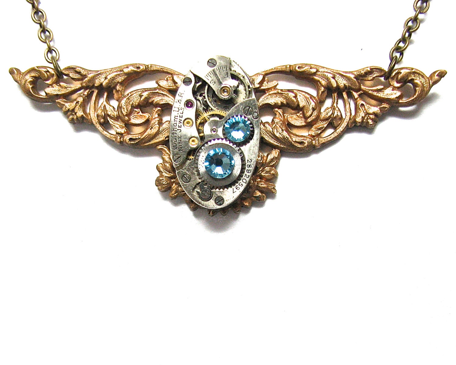 Steampunk Necklace Antiqued Brass Victorian Filigree Charm Finished with A GORGEOUS Jeweled Watch Movement -by Mechanique Steampunk