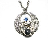 Steampunk Necklace Antiqued Silver Egyptian Scarab, Swarovski Crystal, And Finished with a Jeweled Watch Movement -by Mechanique (N25)