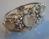 Vintage Juliana Bracelet Clamper Style in AB Rhinestones and Moonstone in a Beige Nude Tan Taupe Ivory Wedding jewelry  Mother of the Bride