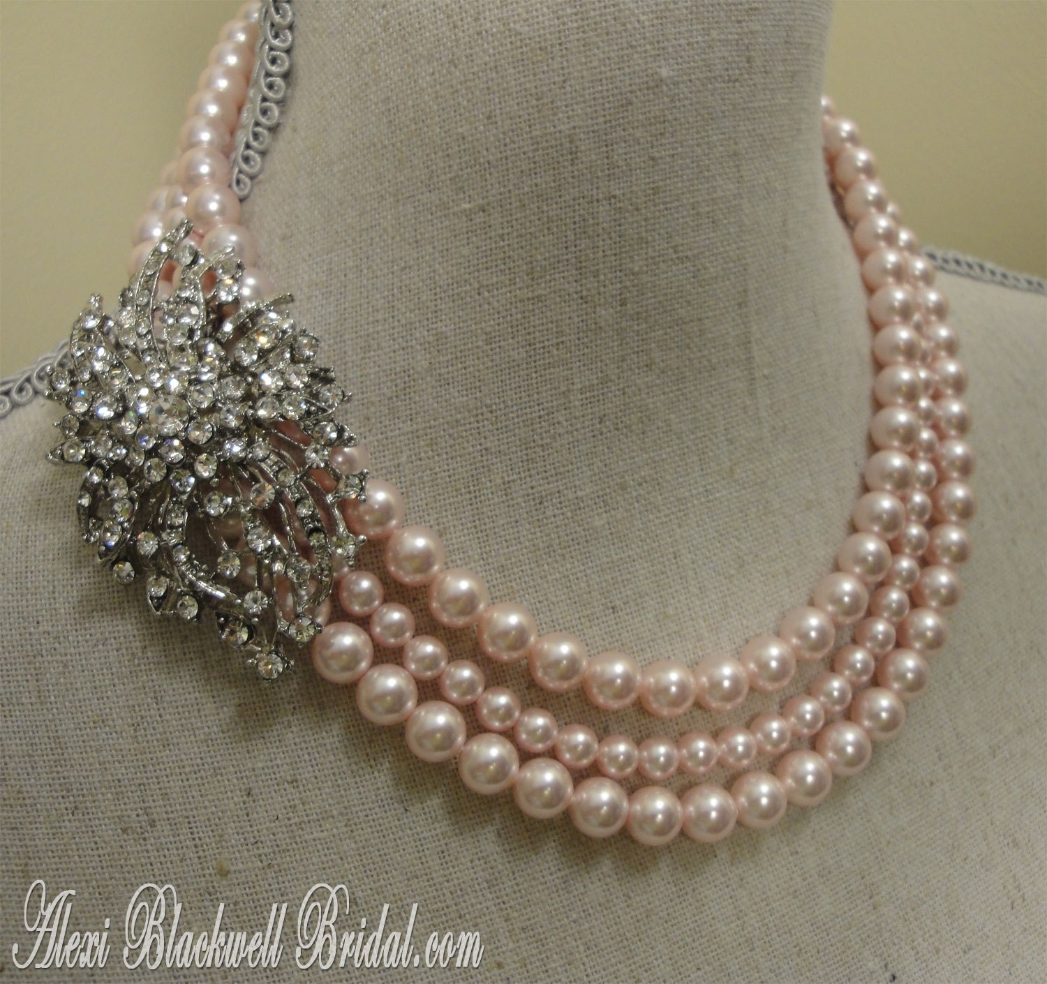 Mother of the Bride Pearl Brooch Necklace Set - 3 strands of Swarovski pearls rhinestone brooch and Earrings wedding bridal jewelry gifts