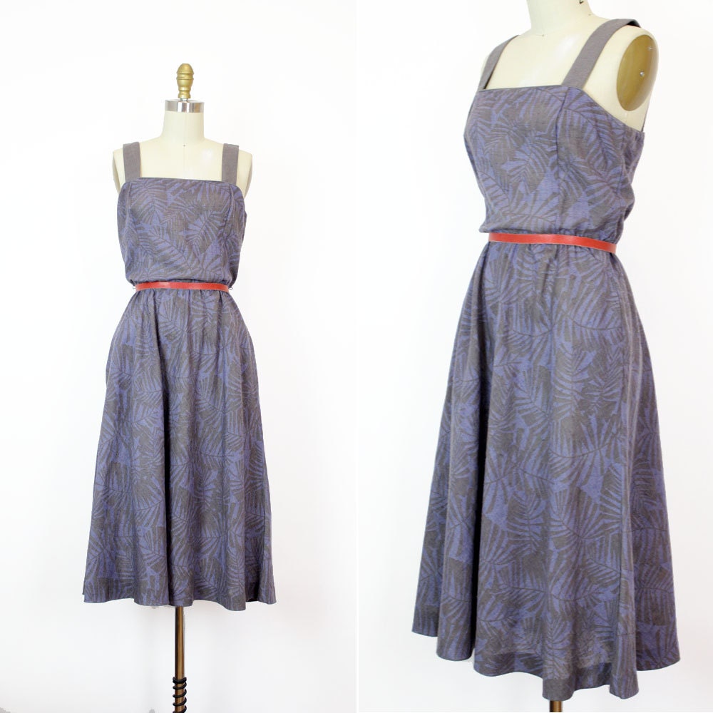 leaf print dress S / 1980s blue & gray sundress w/ pockets
