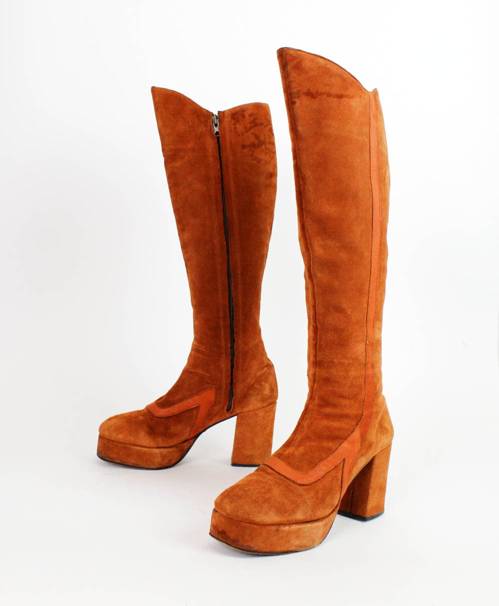 platform boots 7 / rust suede 1970s disco boots