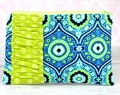 Zipper Pouch, Coin Purse, Card Case, Clutch in Amy Butler Lark Treasure Box Ocean with Lime Ta Dots Ruffle
