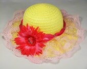 Tea Party Hat - Girls Sun Hat - Yellow Easter Bonnet with Pink Lace and Ribbon - Hot Pink Daisy Flower - Style E13