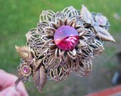 HEADBAND  Hot Pink Flower Brass Filigree